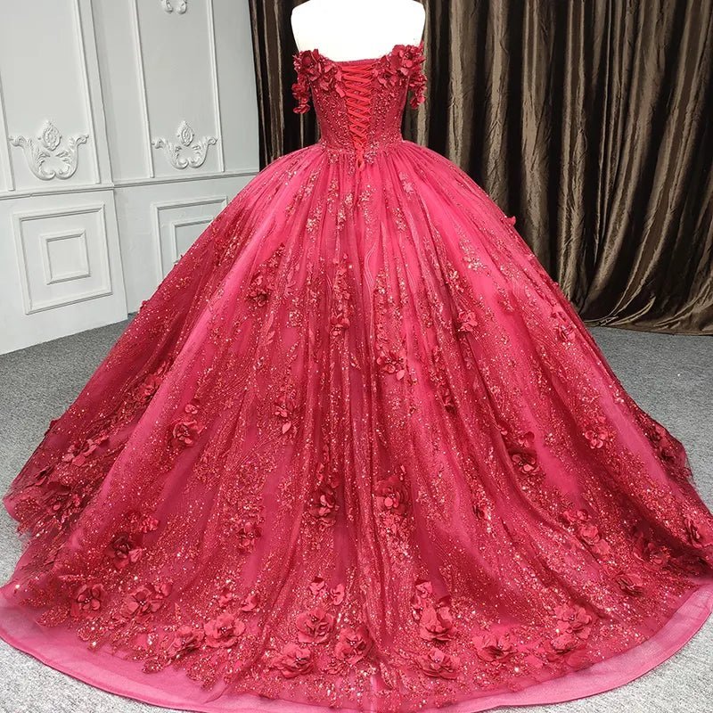 Red Quinceanera Dress Ball Gown Sequined Flowers - Curvevia
