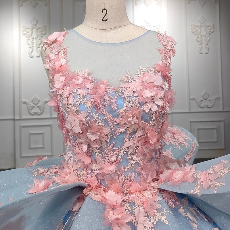 Quinceanera Sky Blue Flower Ball Gown Dress - Curvevia