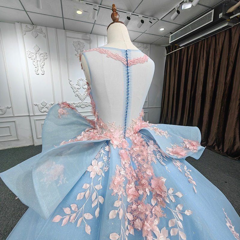 Quinceanera Sky Blue Flower Ball Gown Dress - Curvevia
