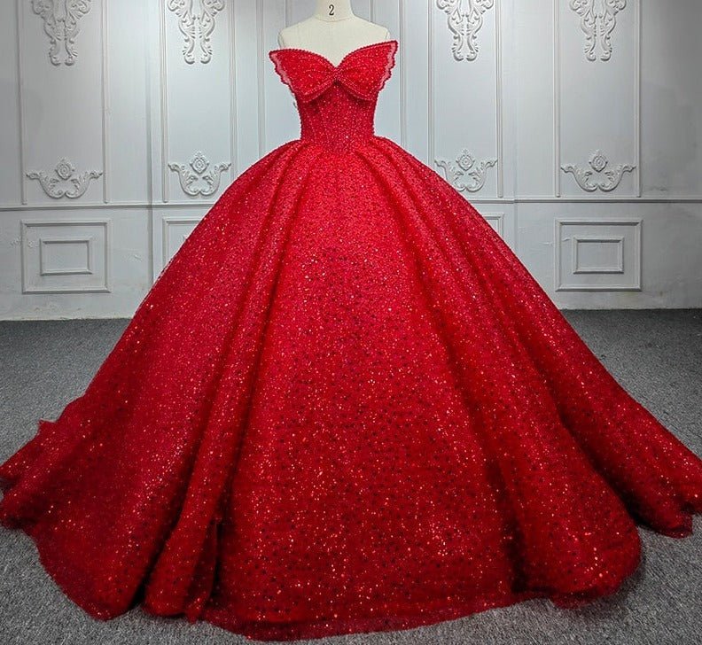 Quinceanera Ball Gown Red Sleeveless Sequined Dress - Curvevia