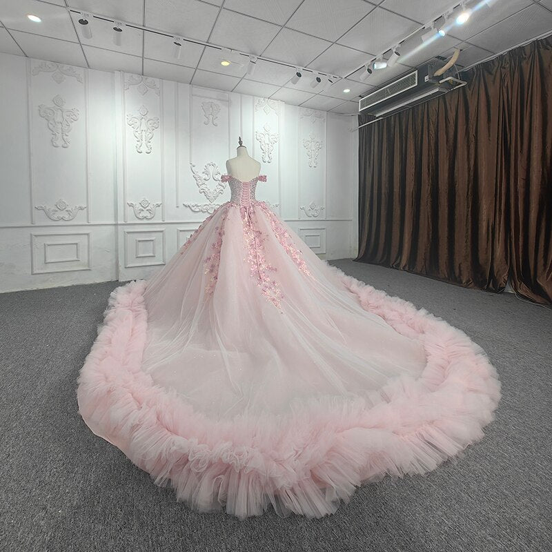 Quinceanera Ball Gown  Off-the-Shoulder  Sequined Pink Dress - Curvevia