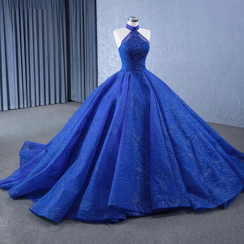 Royal Blue Ball Gown Halter Sleeveless Quinceanera Dress - Curvevia