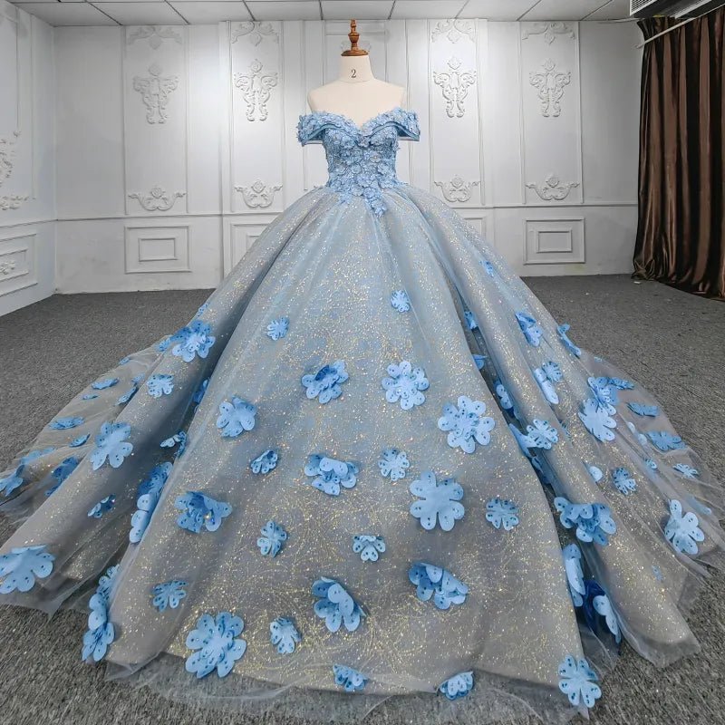 Quinceanera Blue  Off-the-Shoulder  Ball Gown Flower Dress - Curvevia