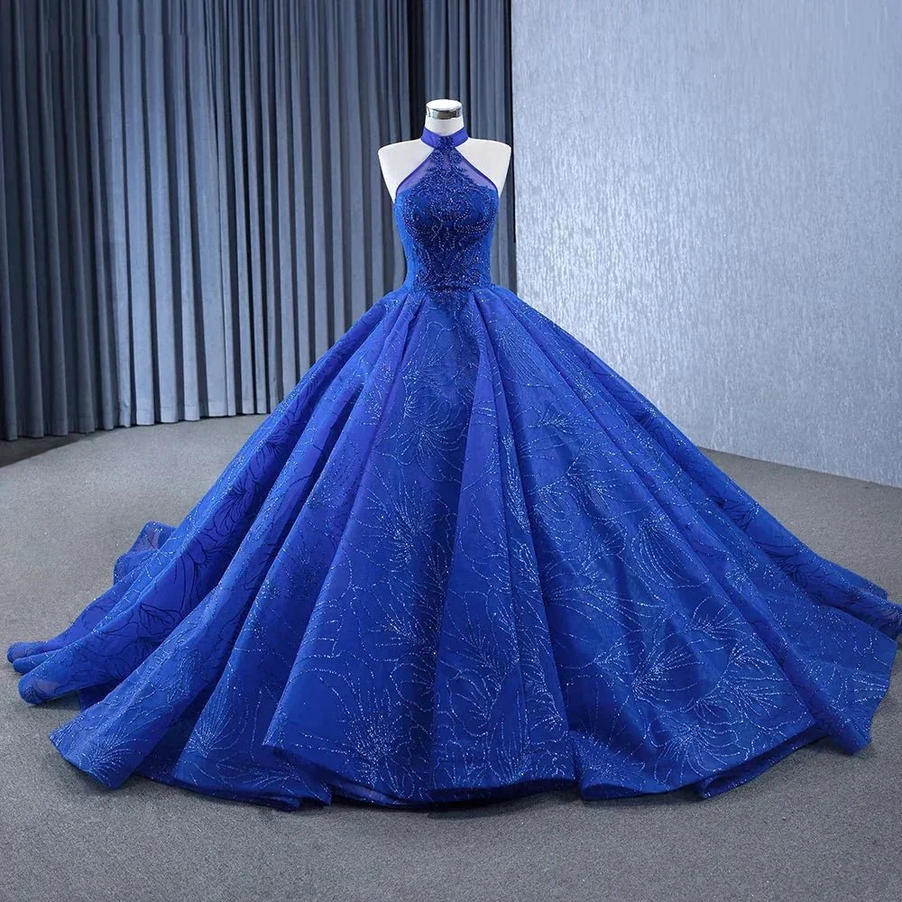 Royal Blue Ball Gown Halter Sleeveless Quinceanera Dress - Curvevia