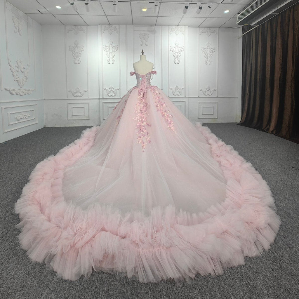 Quinceanera Ball Gown  Off-the-Shoulder  Sequined Pink Dress - Curvevia