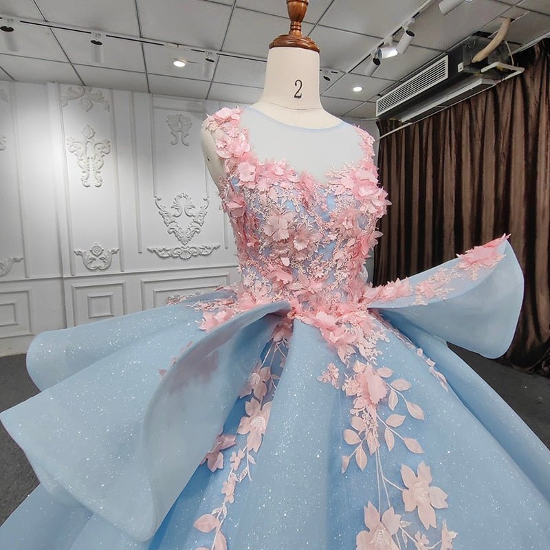 Quinceanera Sky Blue Flower Ball Gown Dress - Curvevia