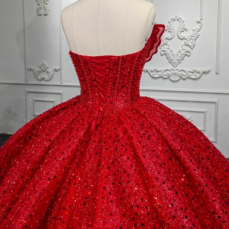 Quinceanera Ball Gown Red Sleeveless Sequined Dress - Curvevia