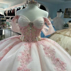 Ball-Gown Tulle Light Pink Off-the-Shoulder Quinceanera Dress with Appliques - Curvevia