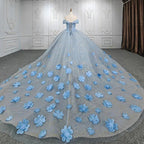 Quinceanera Blue  Off-the-Shoulder  Ball Gown Flower Dress - Curvevia