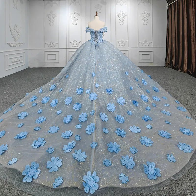 Quinceanera Blue  Off-the-Shoulder  Ball Gown Flower Dress - Curvevia