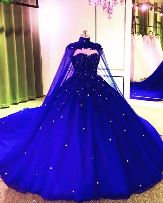 Royal Blue Tulle Ball Gown Prom Dress With Cape - Curvevia