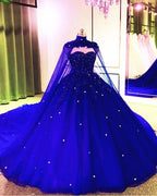Royal Blue Tulle Ball Gown Prom Dress With Cape - Curvevia