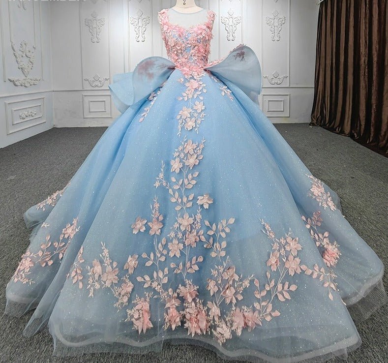 Quinceanera Sky Blue Flower Ball Gown Dress - Curvevia