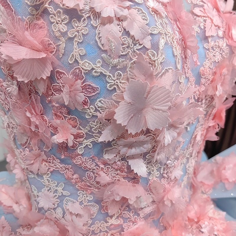 Quinceanera Sky Blue Flower Ball Gown Dress - Curvevia