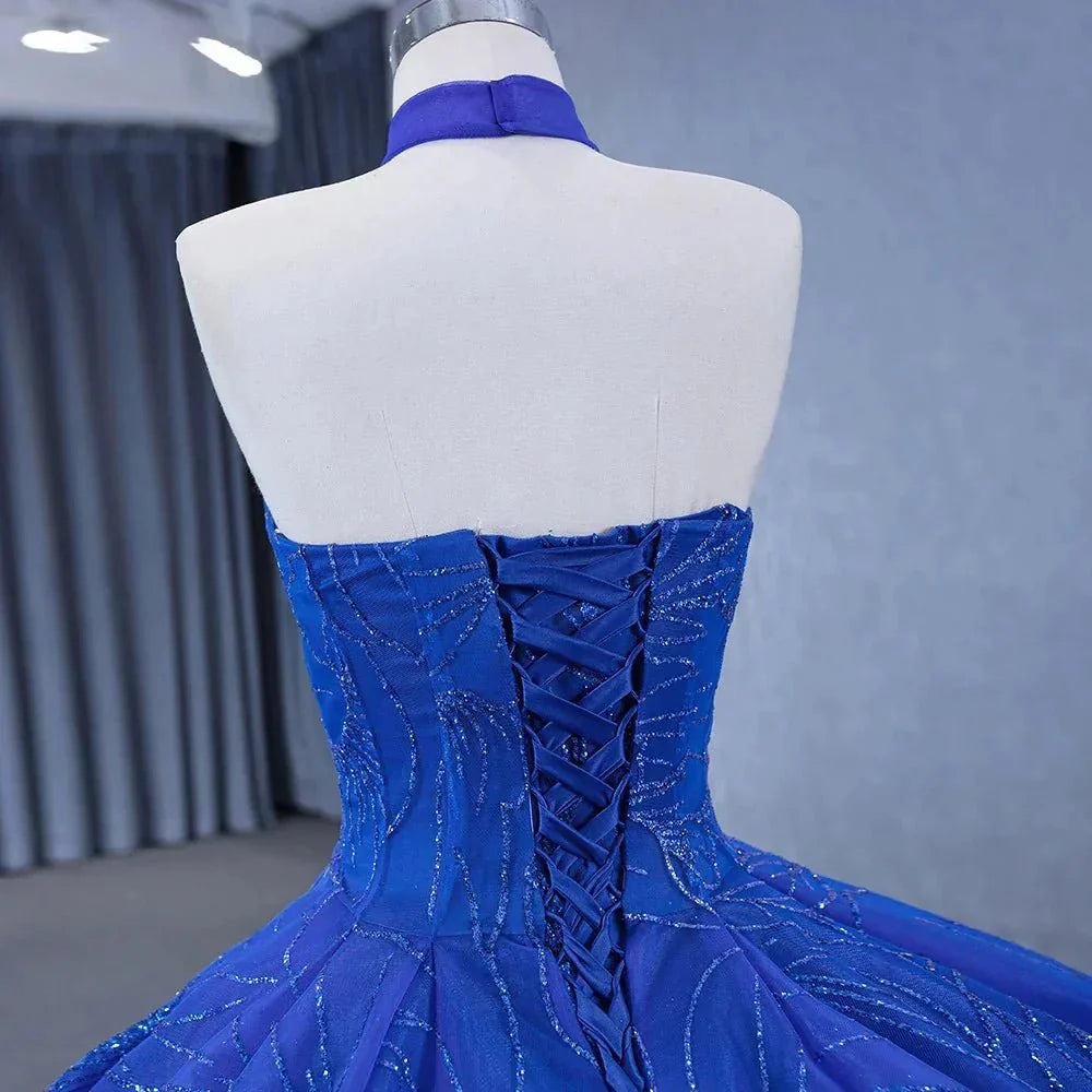Royal Blue Ball Gown Halter Sleeveless Quinceanera Dress - Curvevia