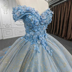Quinceanera Blue  Off-the-Shoulder  Ball Gown Flower Dress - Curvevia