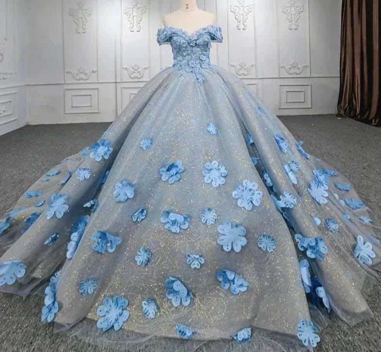 Quinceanera Blue  Off-the-Shoulder  Ball Gown Flower Dress - Curvevia