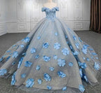 Quinceanera Blue  Off-the-Shoulder  Ball Gown Flower Dress - Curvevia
