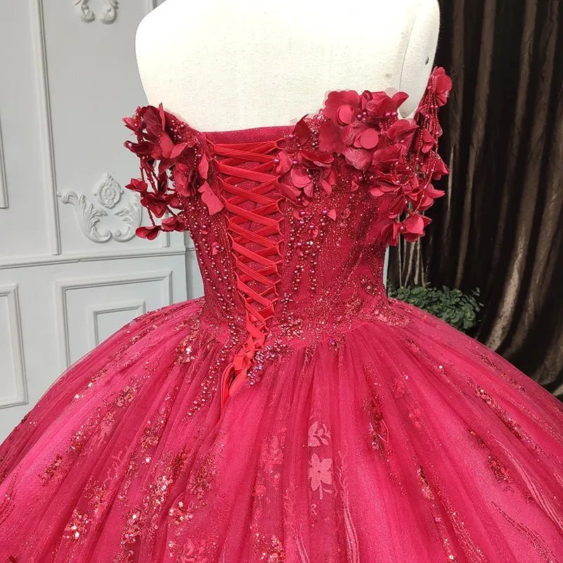 Red Quinceanera Dress Ball Gown Sequined Flowers - Curvevia