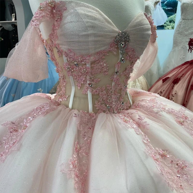 Ball-Gown Tulle Light Pink Off-the-Shoulder Quinceanera Dress with Appliques - Curvevia