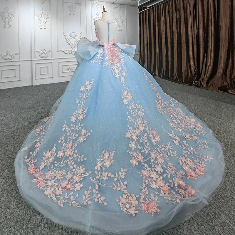 Quinceanera Sky Blue Flower Ball Gown Dress - Curvevia