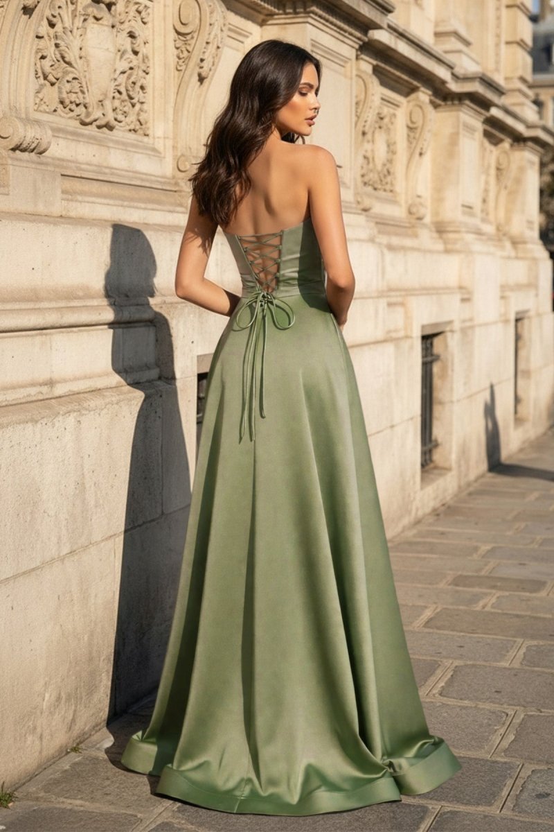 A Line Black Strapless Satin Evening Dress With Slit - Curvevia