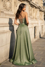 A Line Black Strapless Satin Evening Dress With Slit - Curvevia
