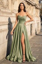 A Line Black Strapless Satin Evening Dress With Slit - Curvevia