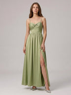 Sexy Sage Green Satin A-Line Sweetheart Neck Lace-up Ankle-Length Bridesmaid Dress - Curvevia