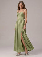 Sexy Sage Green Satin A-Line Sweetheart Neck Lace-up Ankle-Length Bridesmaid Dress - Curvevia