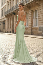 Plunge Neck Light Pink Mermaid Satin Long Evening Dress - Curvevia