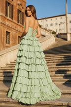 Halter A-Line Blue Satin Long Ruffled Prom Dress With Slit - Curvevia