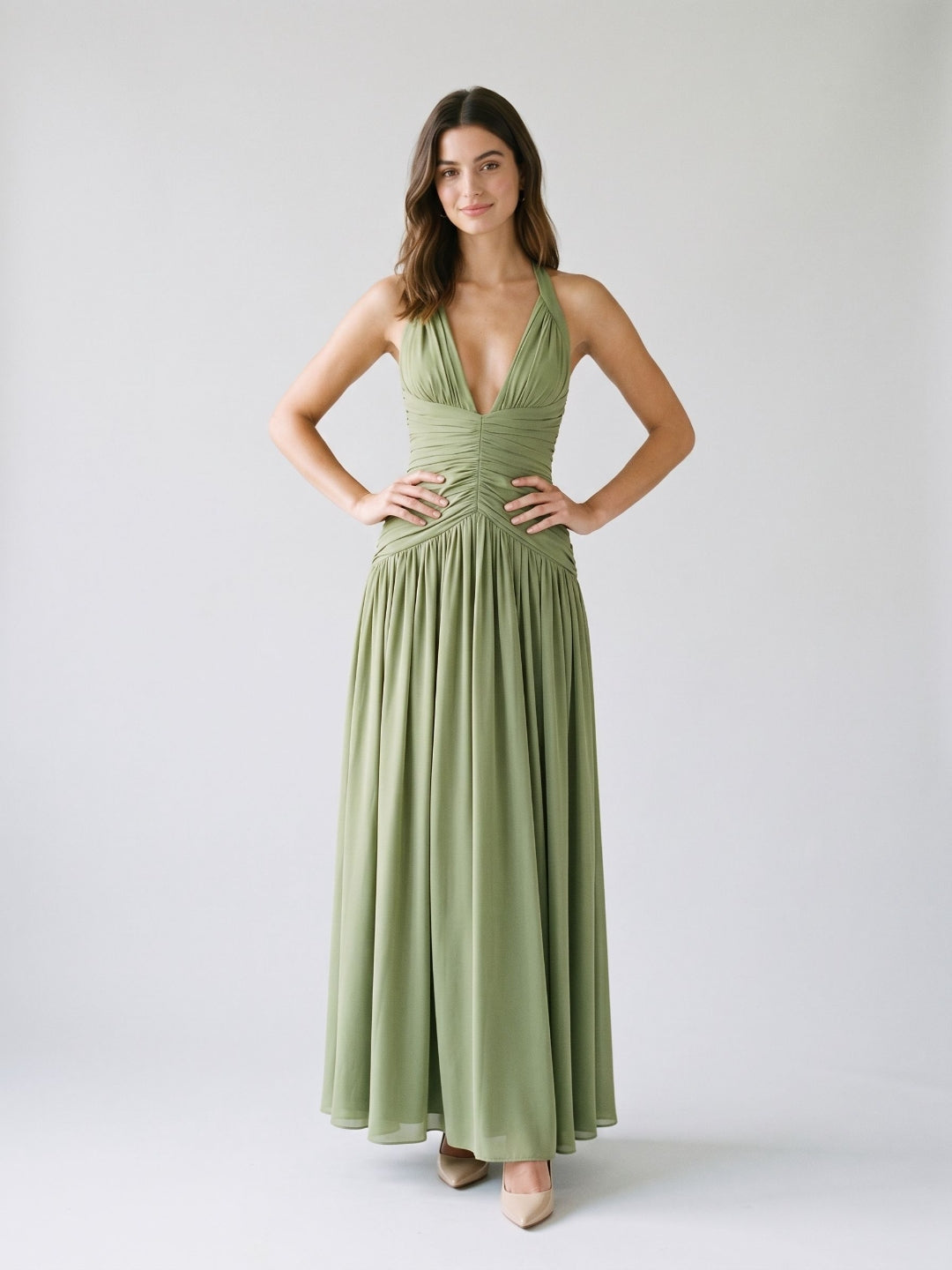 Sage Green Chiffon A-Line V-Neck Corset Back Floor-Length Formal Dress with Pleating - Curvevia