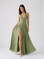 Sage Green Chiffon A-Line V-Neck Corset Back Floor-Length Formal Dress with Pleating - Curvevia