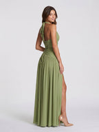 Sage Green Chiffon A-Line V-Neck Corset Back Floor-Length Formal Dress with Pleating - Curvevia