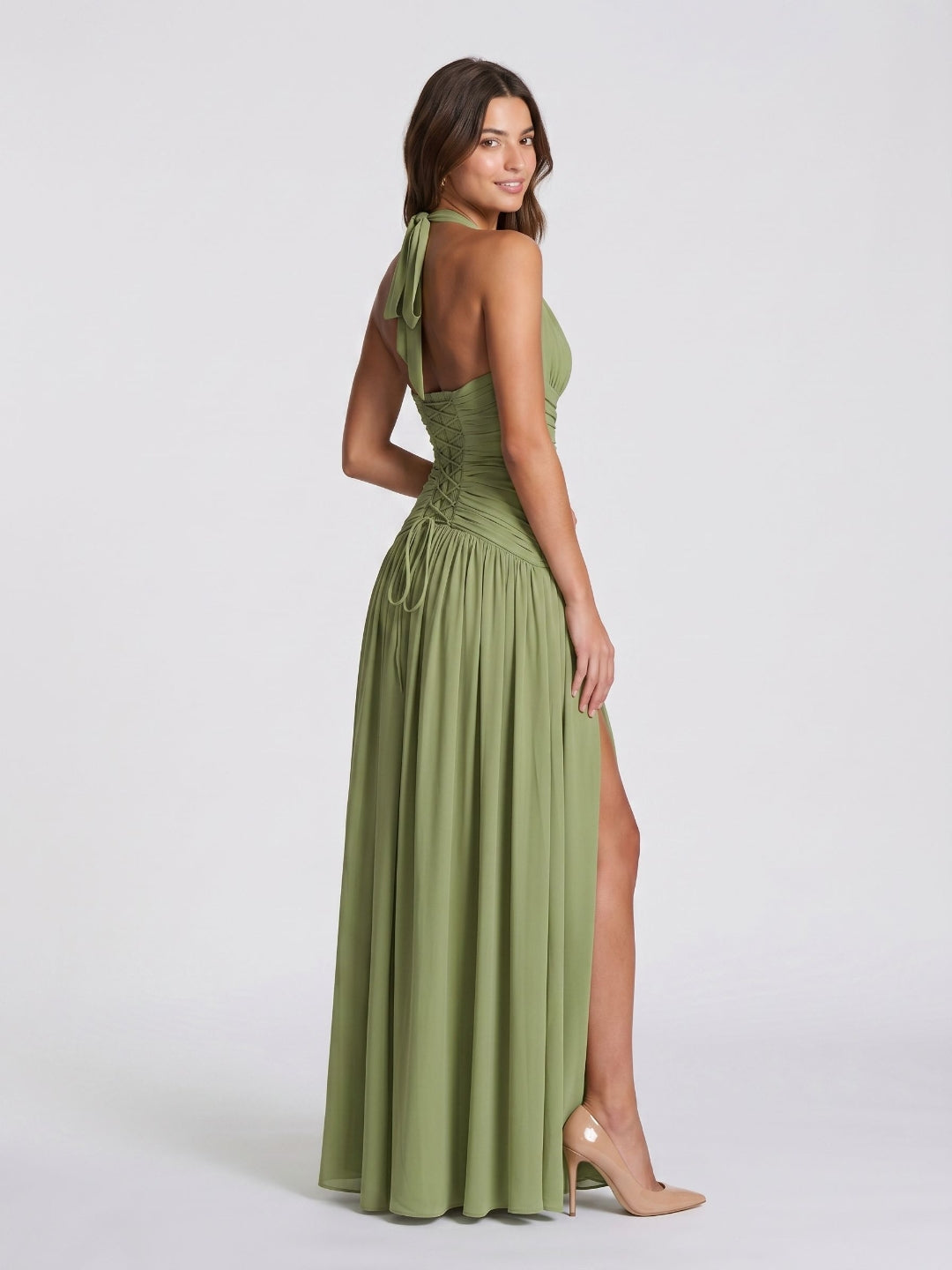 Sage Green Chiffon A-Line V-Neck Corset Back Floor-Length Formal Dress with Pleating - Curvevia