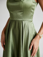Sage Green Satin A-Line Cowl Neck Back Zip Short Homecoming Dress with Pleating - Curvevia