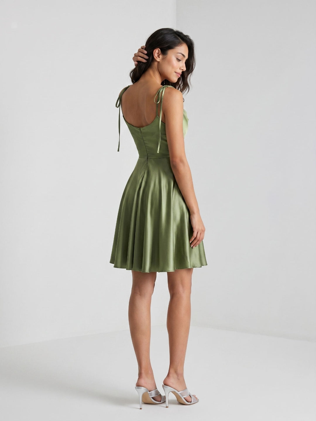 Sage Green Satin A-Line Cowl Neck Back Zip Short Homecoming Dress with Pleating - Curvevia