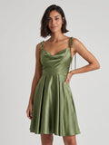 Sage Green Satin A-Line Cowl Neck Back Zip Short Homecoming Dress with Pleating - Curvevia