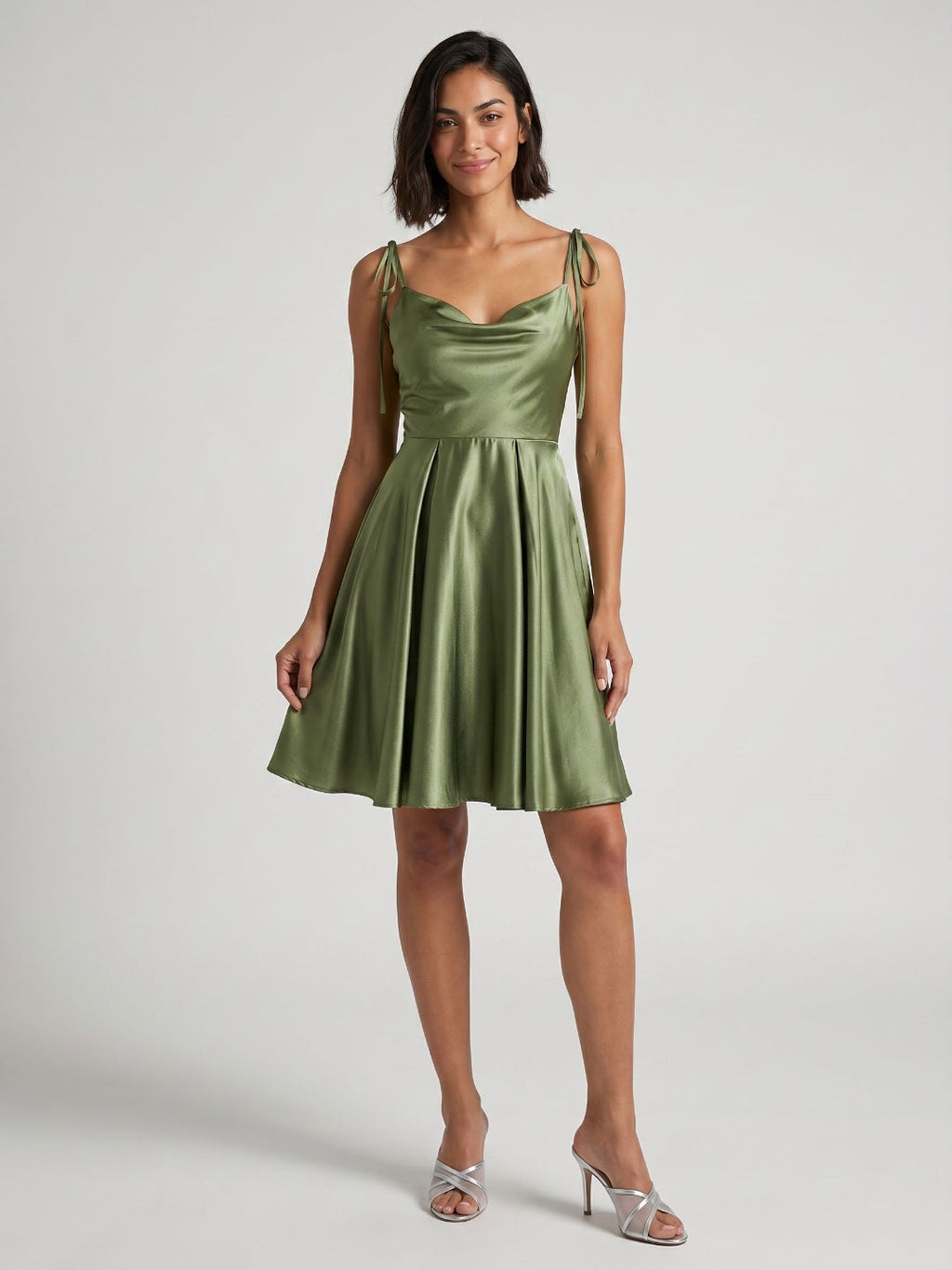 Sage Green Satin A-Line Cowl Neck Back Zip Short Homecoming Dress with Pleating - Curvevia