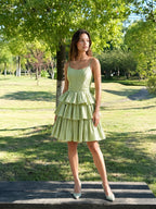 Sage Green Satin A-Line Scoop Neck Backless Short Homecoming Dress with Bow - Curvevia