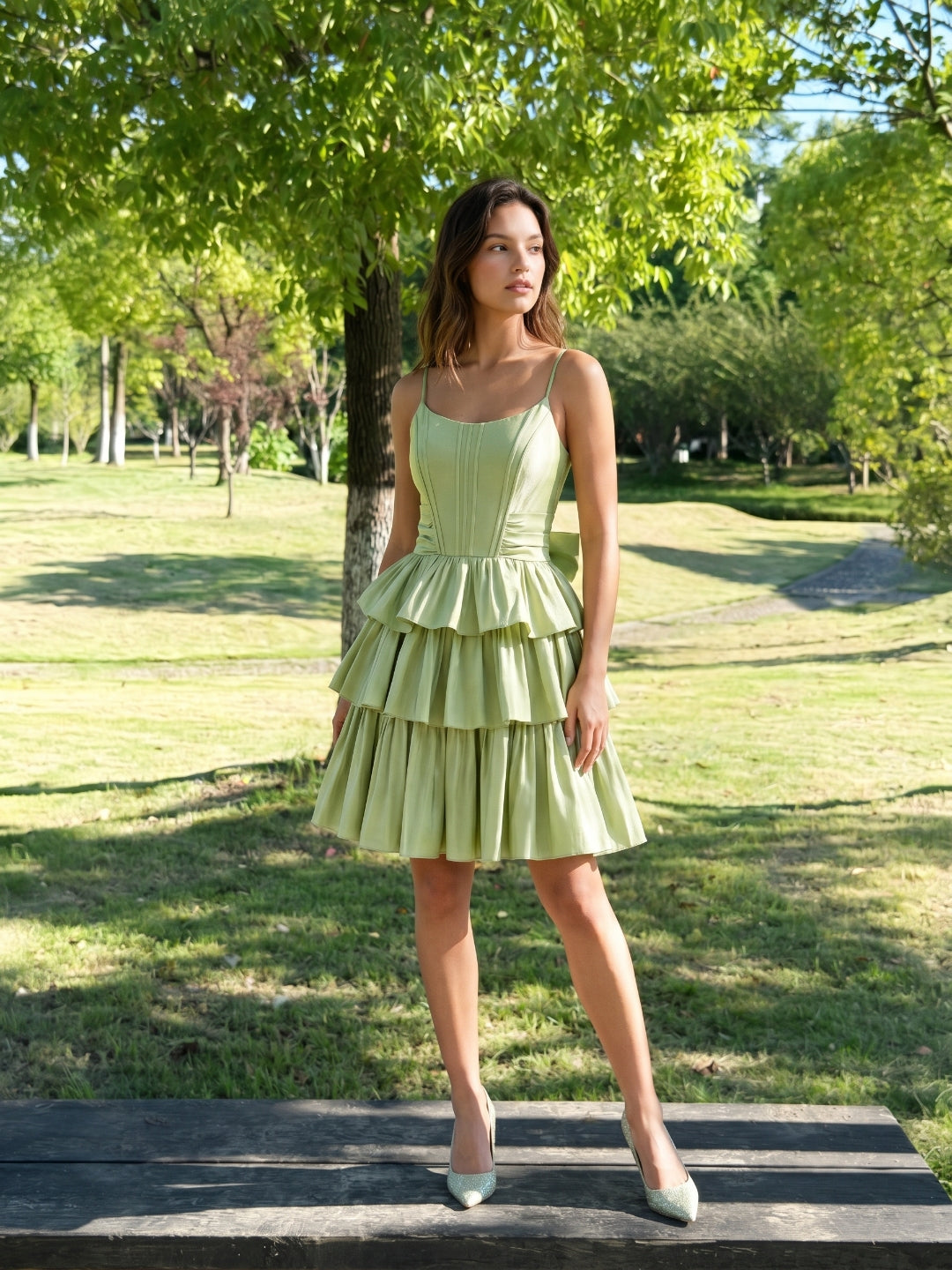 Sage Green Satin A-Line Scoop Neck Backless Short Homecoming Dress with Bow - Curvevia