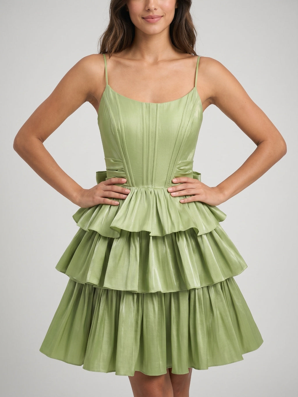 Sage Green Satin A-Line Scoop Neck Backless Short Homecoming Dress with Bow - Curvevia