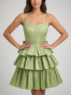 Sage Green Satin A-Line Scoop Neck Backless Short Homecoming Dress with Bow - Curvevia