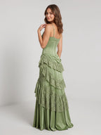 Sage Green Satin and Lace Mermaid Sweetheart Zipper Back Floor Length Dress - Curvevia