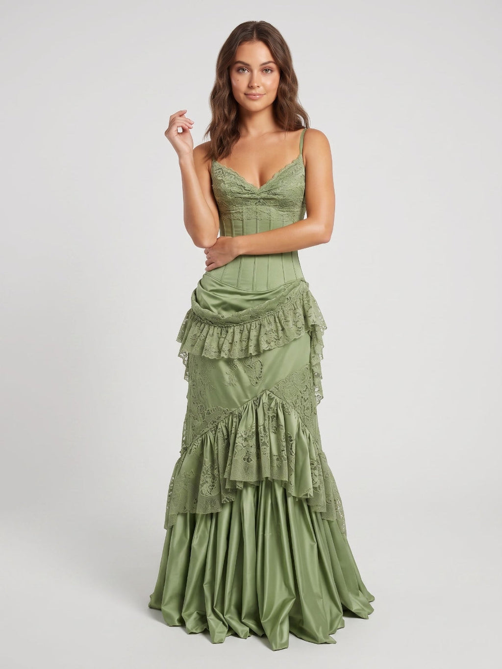 Sage Green Satin and Lace Mermaid Sweetheart Zipper Back Floor Length Dress - Curvevia