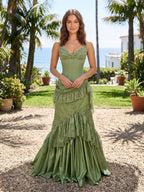 Sage Green Satin and Lace Mermaid Sweetheart Zipper Back Floor Length Dress - Curvevia