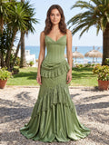 Sage Green Satin and Lace Mermaid Sweetheart Zipper Back Floor Length Dress - Curvevia