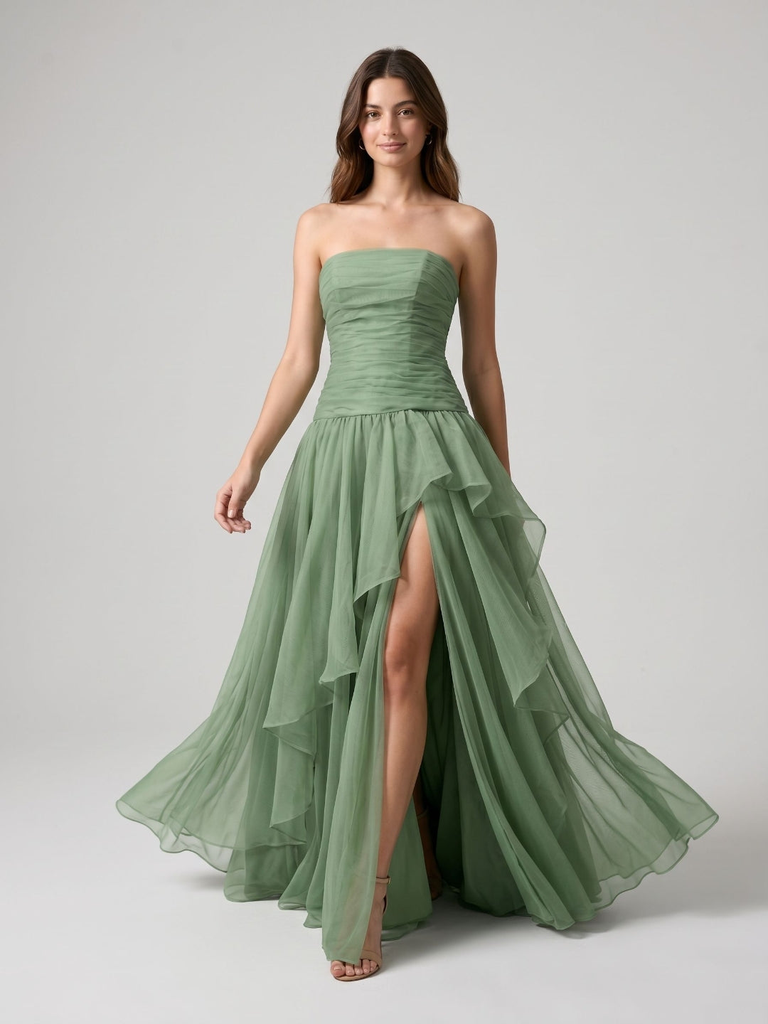 Sage Green Tulle A-Line Lace-Up Back Floor-Length Birthday Dress with Cascading Ruffles - Curvevia