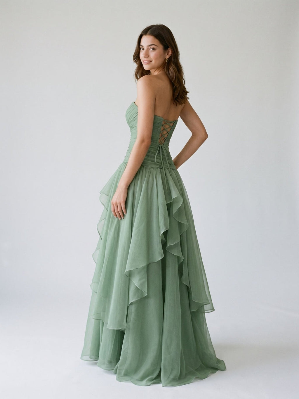 Sage Green Tulle A-Line Lace-Up Back Floor-Length Birthday Dress with Cascading Ruffles - Curvevia